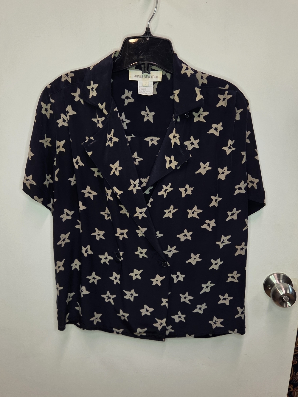 Vintage 90sJones New York Vintage Star Print ButtonUp Blouse Blue Short Sleeve